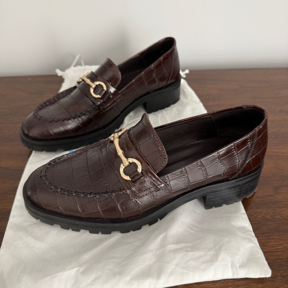 J MCLAUGHLIN MONIKA PENNY LOAFERS BROWN LEATHER CROC LUG SOLE HORSE BIT DETAIL 7 - Picture 2 of 11